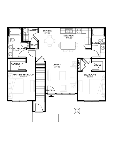 2BR 2BA (1088 SF) Floor Plan at The Villas at Germantown, Memphis, TN, 38125